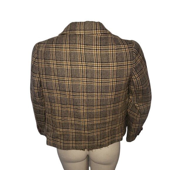 Vintage Plaid Wool Two-Piece Jacket Sleeveless Top Brown/Beige Checkered Women S - Picture 4 of 10